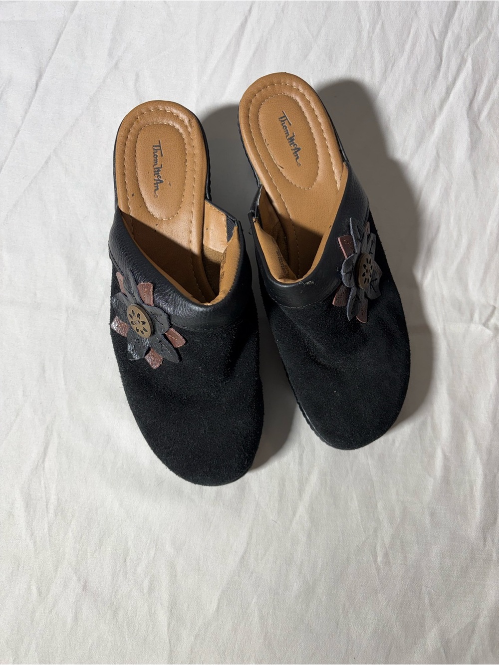 Thom McAn Black Suede Slip-On Mules with Brown Flower Accent